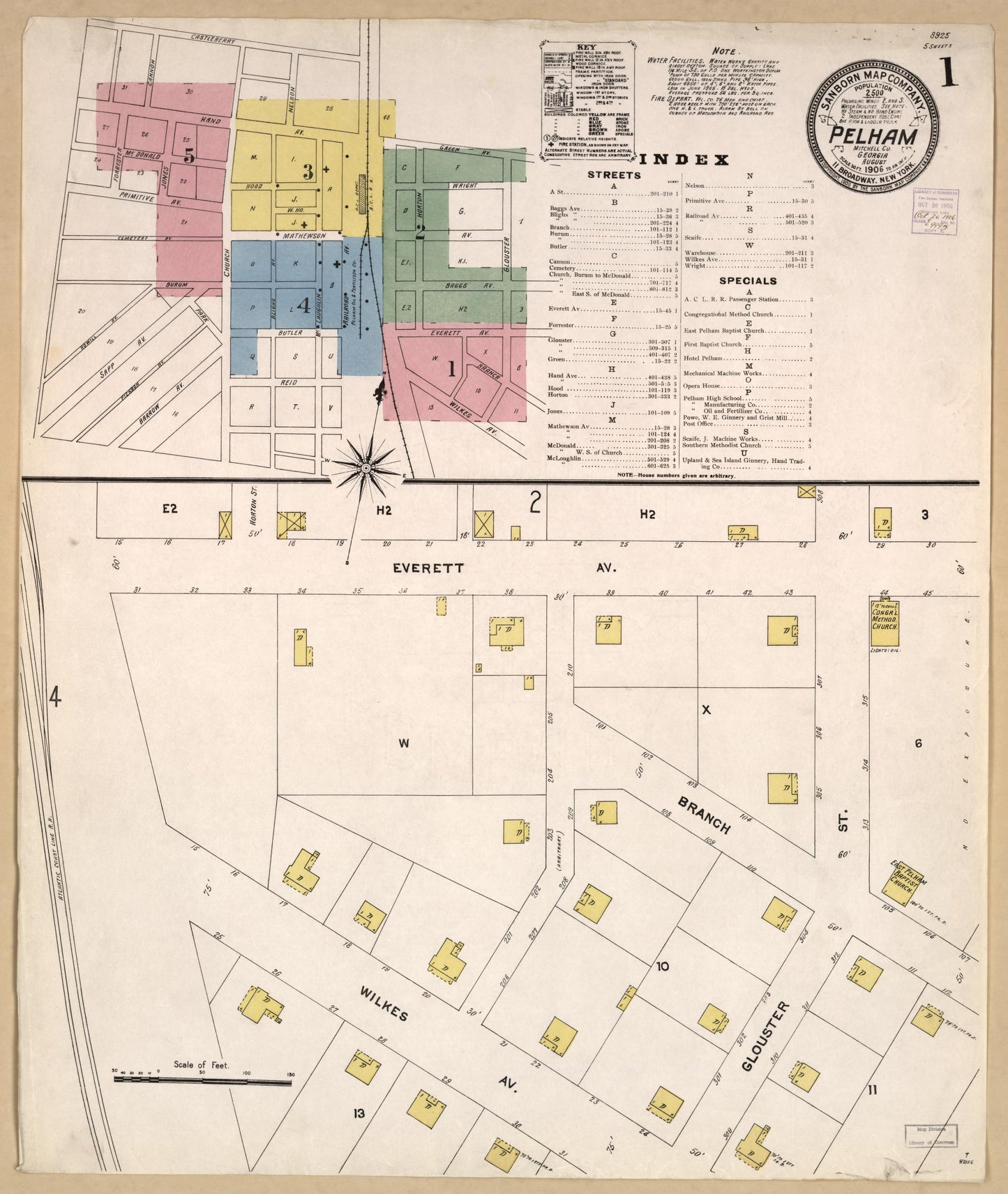 Sanborn Fire Insurance Map from Pelham, Mitchell County, Georgia (1906), Sheet #0001 - Historic Sanborn Fire Insurance Map Print, vintage old map wall art, antique decor, genealogy gift, Georgia Georgia map