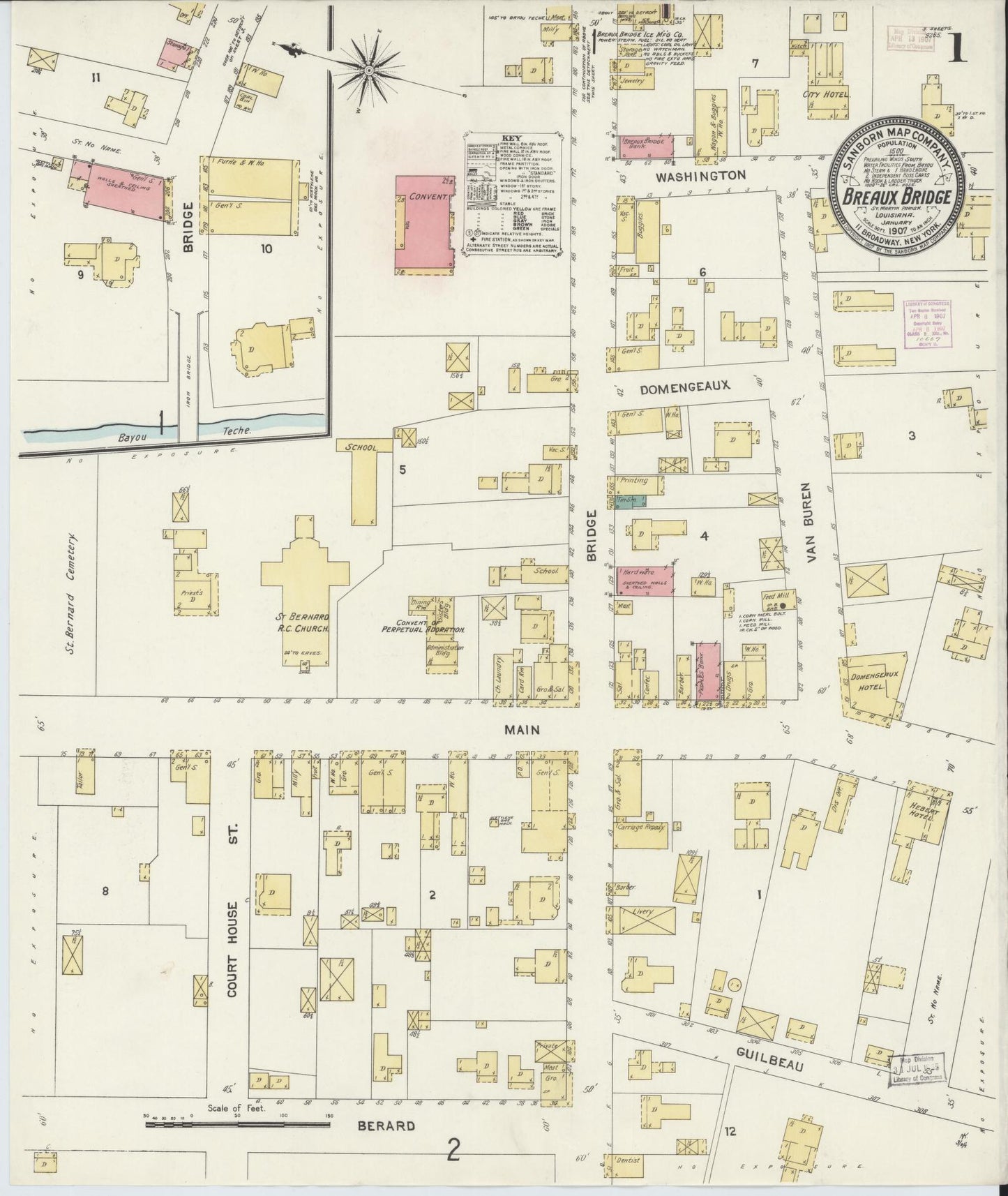 Sanborn Fire Insurance Map from Breaux Bridge, Saint Martin Parish, Louisiana (1907), Sheet #0001 - Complete Map Set gallery image, historic Sanborn map, vintage wall art, Louisiana Louisiana