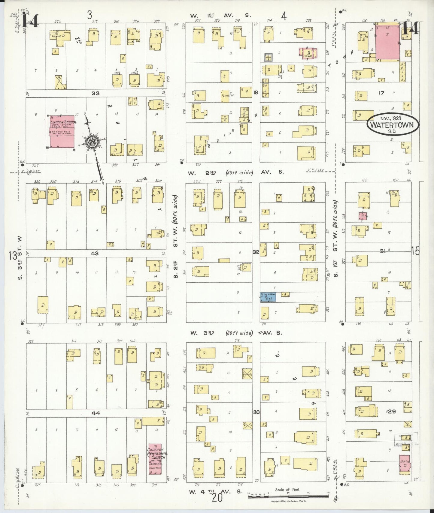 Sanborn Fire Insurance Map from Watertown, Codington County, South Dakota (1923), Sheet #0014 - Historic Sanborn Fire Insurance Map Print, vintage old map wall art, antique decor, genealogy gift, South Dakota South Dakota map