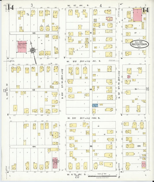 Sanborn Fire Insurance Map from Watertown, Codington County, South Dakota (1923), Sheet #0014 - Historic Sanborn Fire Insurance Map Print, vintage old map wall art, antique decor, genealogy gift, South Dakota South Dakota map