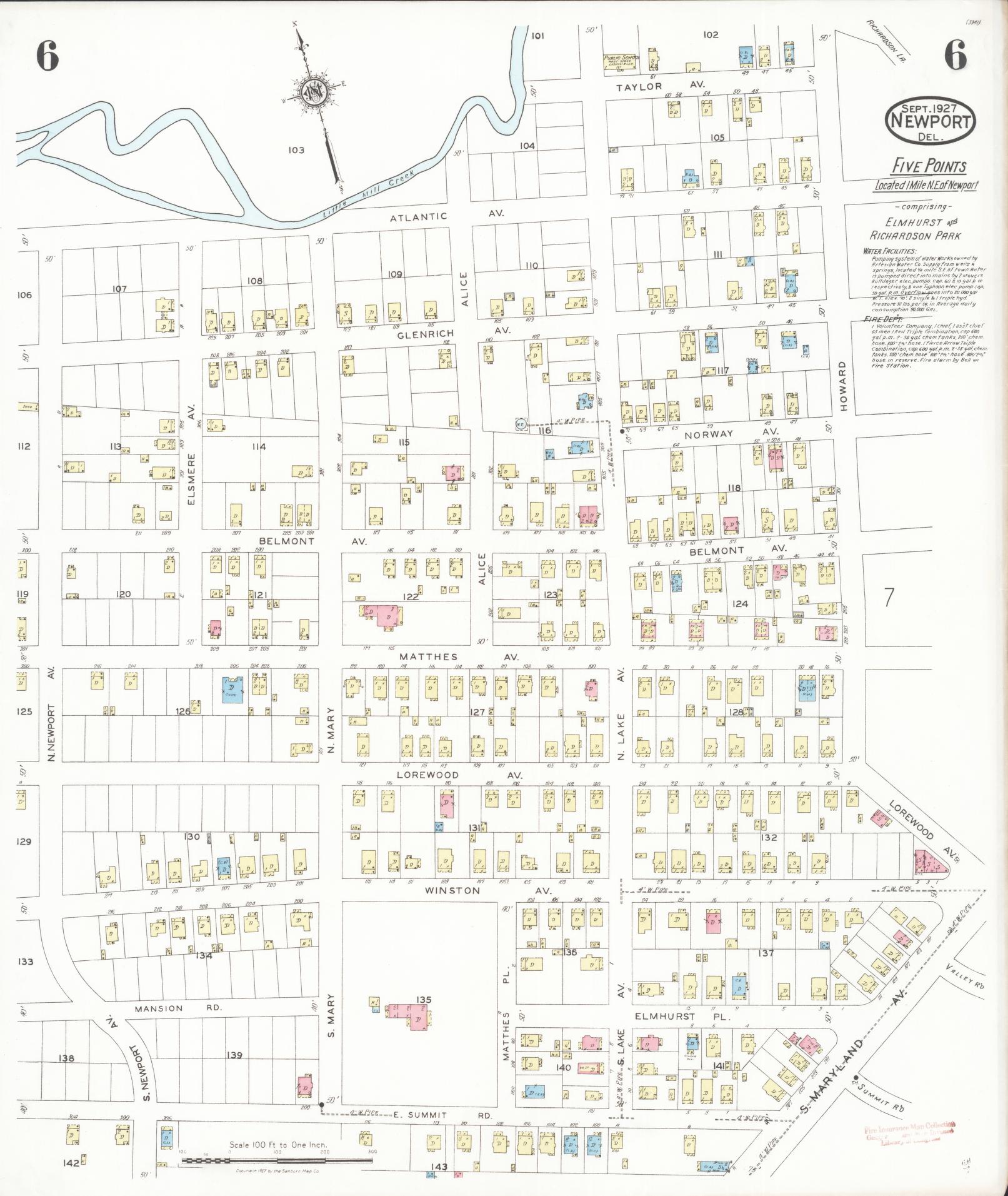 Sanborn Fire Insurance Map from Newport, New Castle County, Delaware (1927), Sheet #0006 - Historic Sanborn Fire Insurance Map Print, vintage old map wall art, antique decor, genealogy gift, Delaware Delaware map