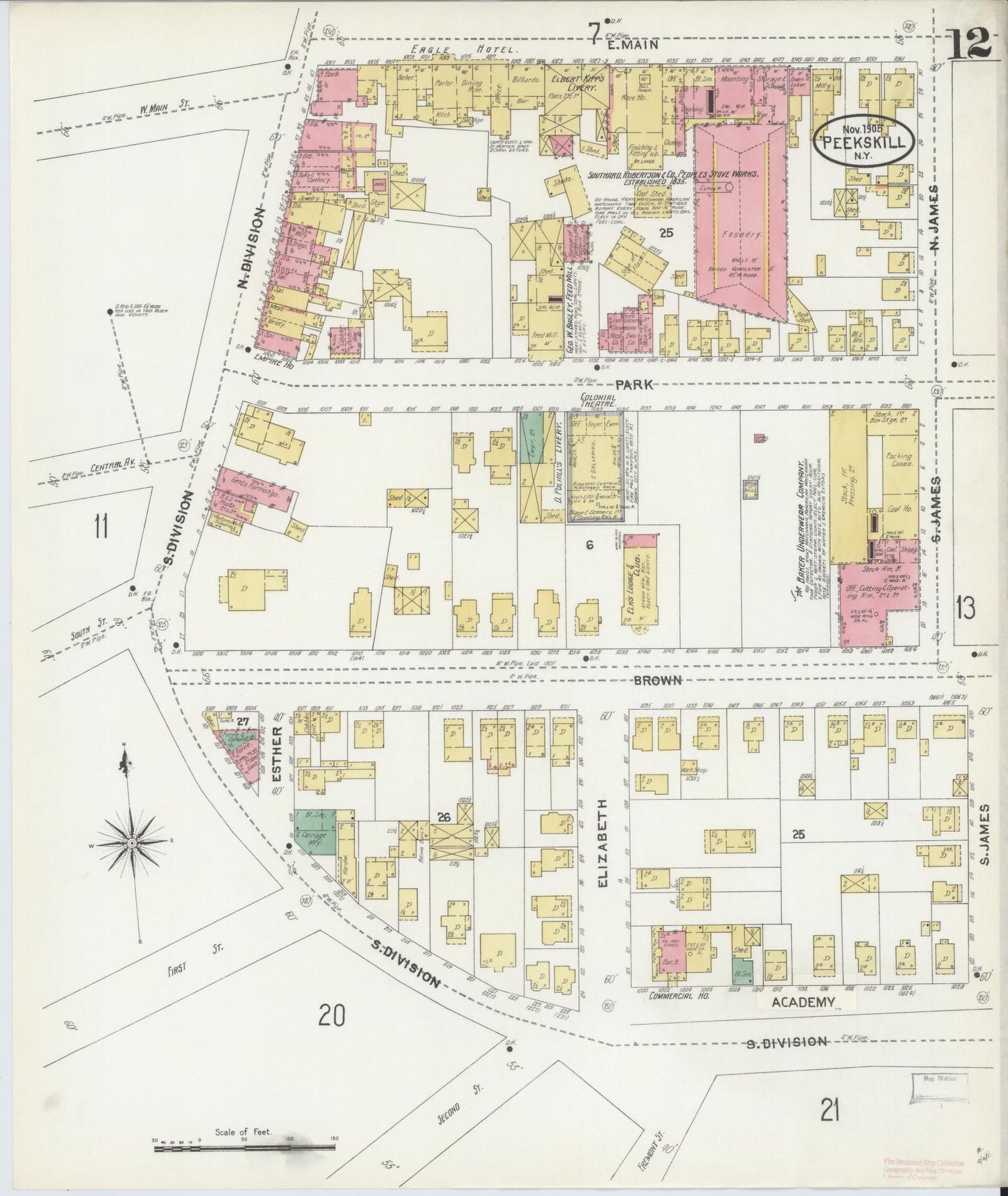 Sanborn Fire Insurance Map from Peekskill, Westchester County, New York (1905), Sheet #0012 - Complete Map Set gallery image, historic Sanborn map, vintage wall art, New York New York