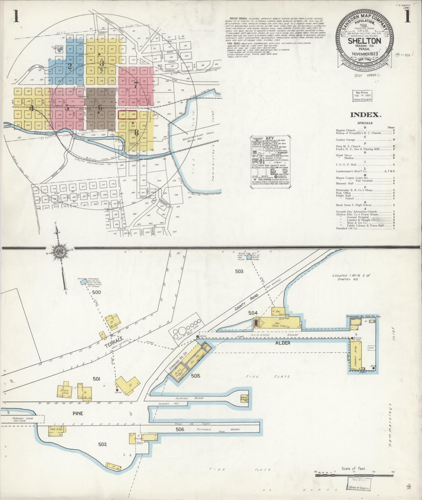 Sanborn Fire Insurance Map from Shelton, Mason County, Washington (1923), Sheet #0001 - Complete Map Set gallery image, historic Sanborn map, vintage wall art, Washington Washington