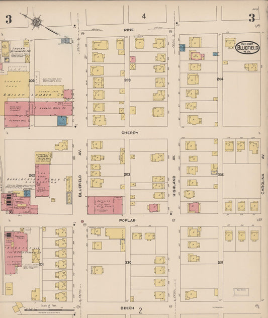 Sanborn Fire Insurance Map from Bluefield, Mercer County, West Virginia (1922), Sheet #0003 - Historic Sanborn Fire Insurance Map Print, vintage old map wall art, antique decor, genealogy gift, West Virginia West Virginia map