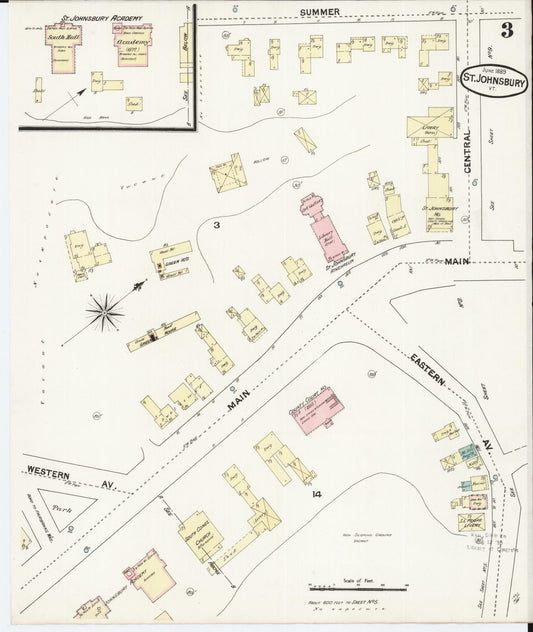 Sanborn Fire Insurance Map from Saint Johnsbury, Caledonia County, Vermont (1889), Sheet #0003 - Historic Sanborn Fire Insurance Map Print, vintage old map wall art, antique decor, genealogy gift, Vermont Vermont map