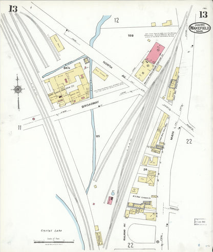 Sanborn Fire Insurance Map from Wakefield, Middlesex County, Massachusetts (1923), Sheet #0013 - Historic Sanborn Fire Insurance Map Print, vintage old map wall art, antique decor, genealogy gift, Massachusetts Massachusetts map