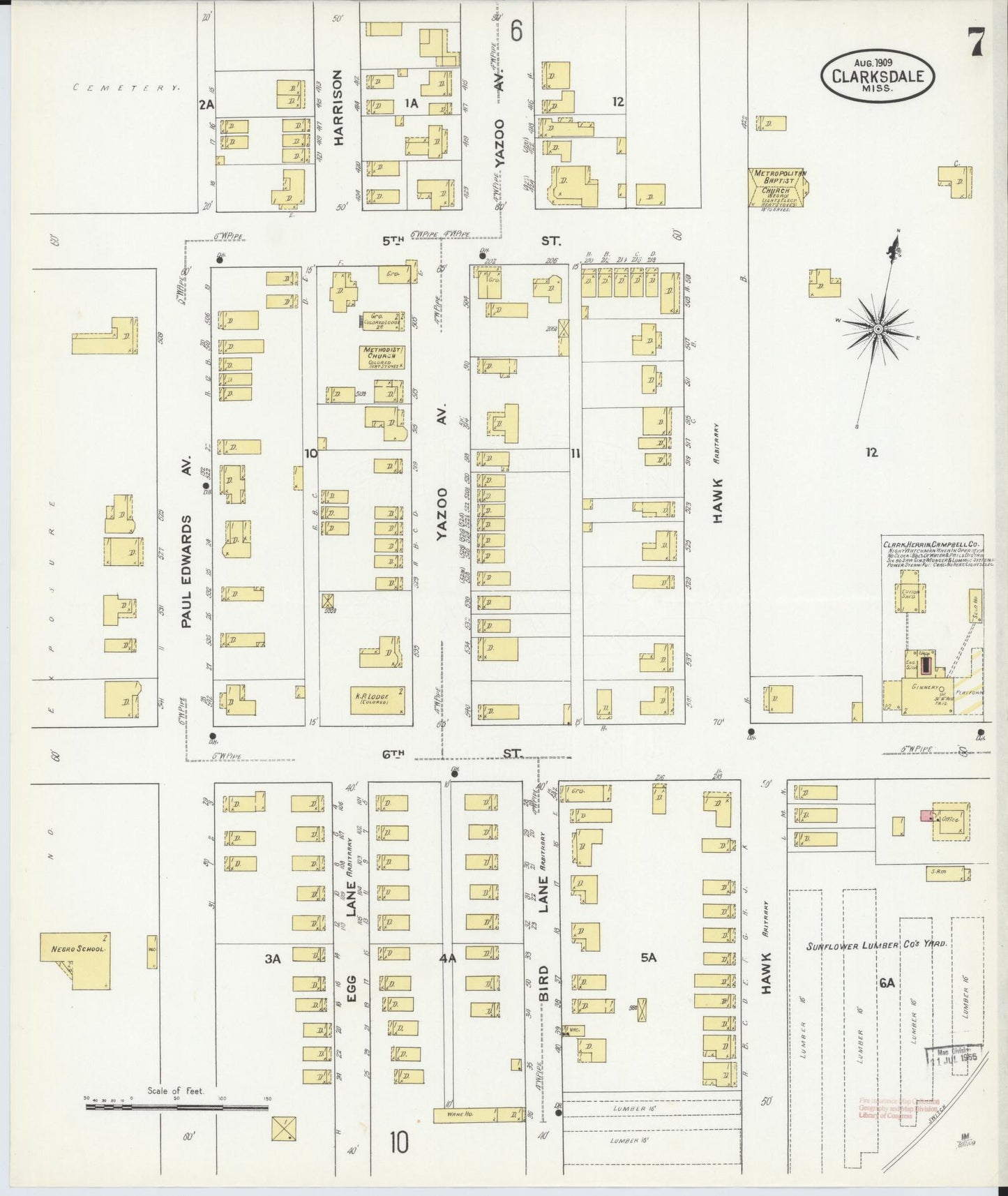 Sanborn Fire Insurance Map from Clarksdale, Coahoma County, Mississippi (1909), Sheet #0007 - Complete Map Set gallery image, historic Sanborn map, vintage wall art, Mississippi Mississippi