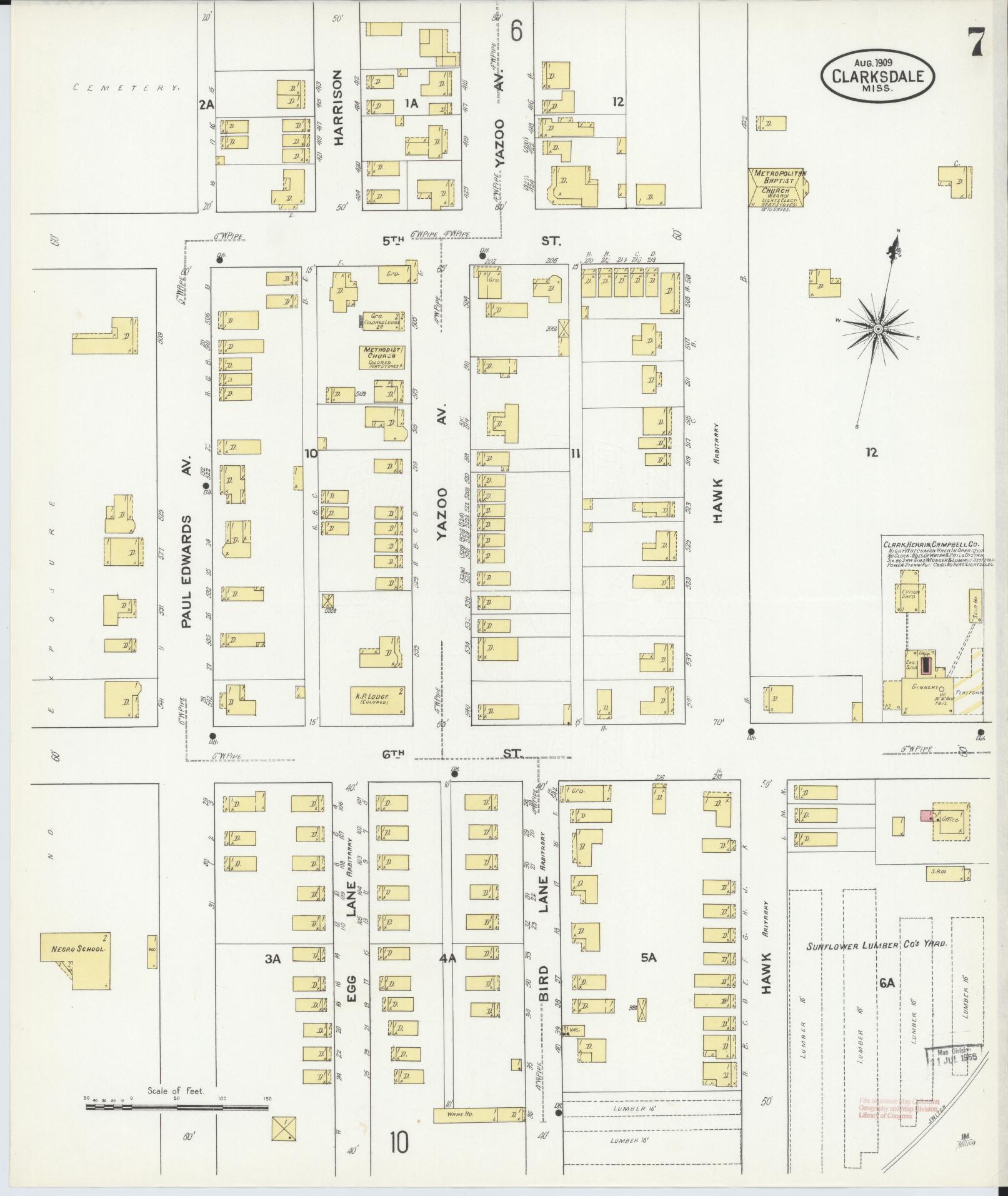 Sanborn Fire Insurance Map from Clarksdale, Coahoma County, Mississippi (1909), Sheet #0007 - Complete Map Set gallery image, historic Sanborn map, vintage wall art, Mississippi Mississippi