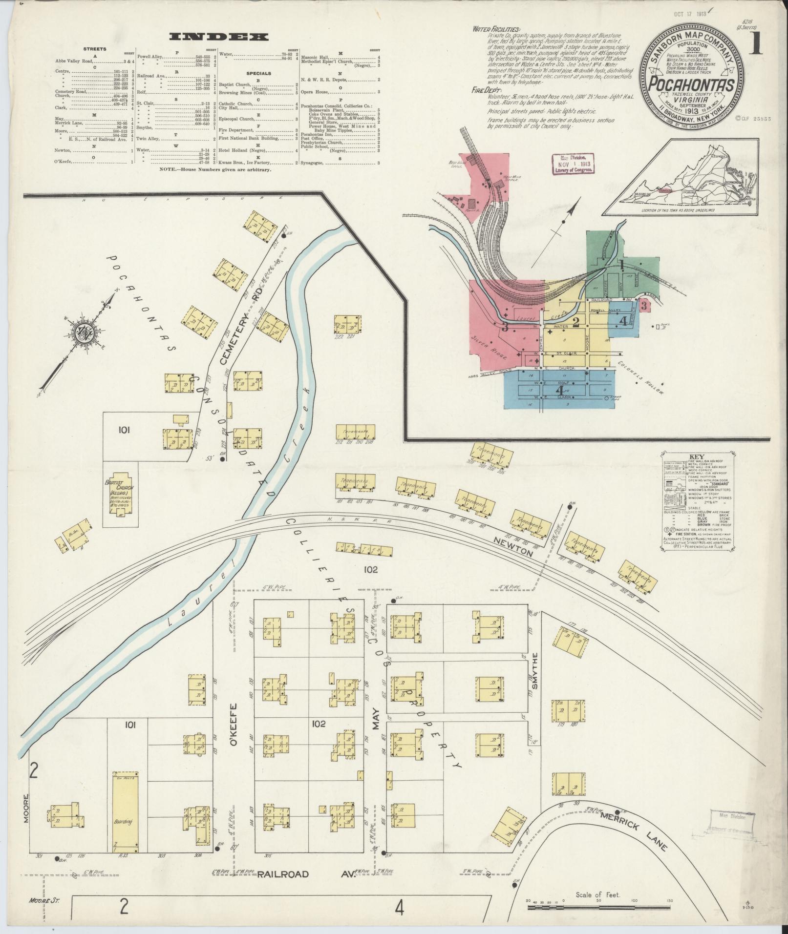 Sanborn Fire Insurance Map from Pocahontas, Tazewell County, Virginia (1913), Sheet #0001 - Complete Map Set gallery image, historic Sanborn map, vintage wall art, Virginia Virginia