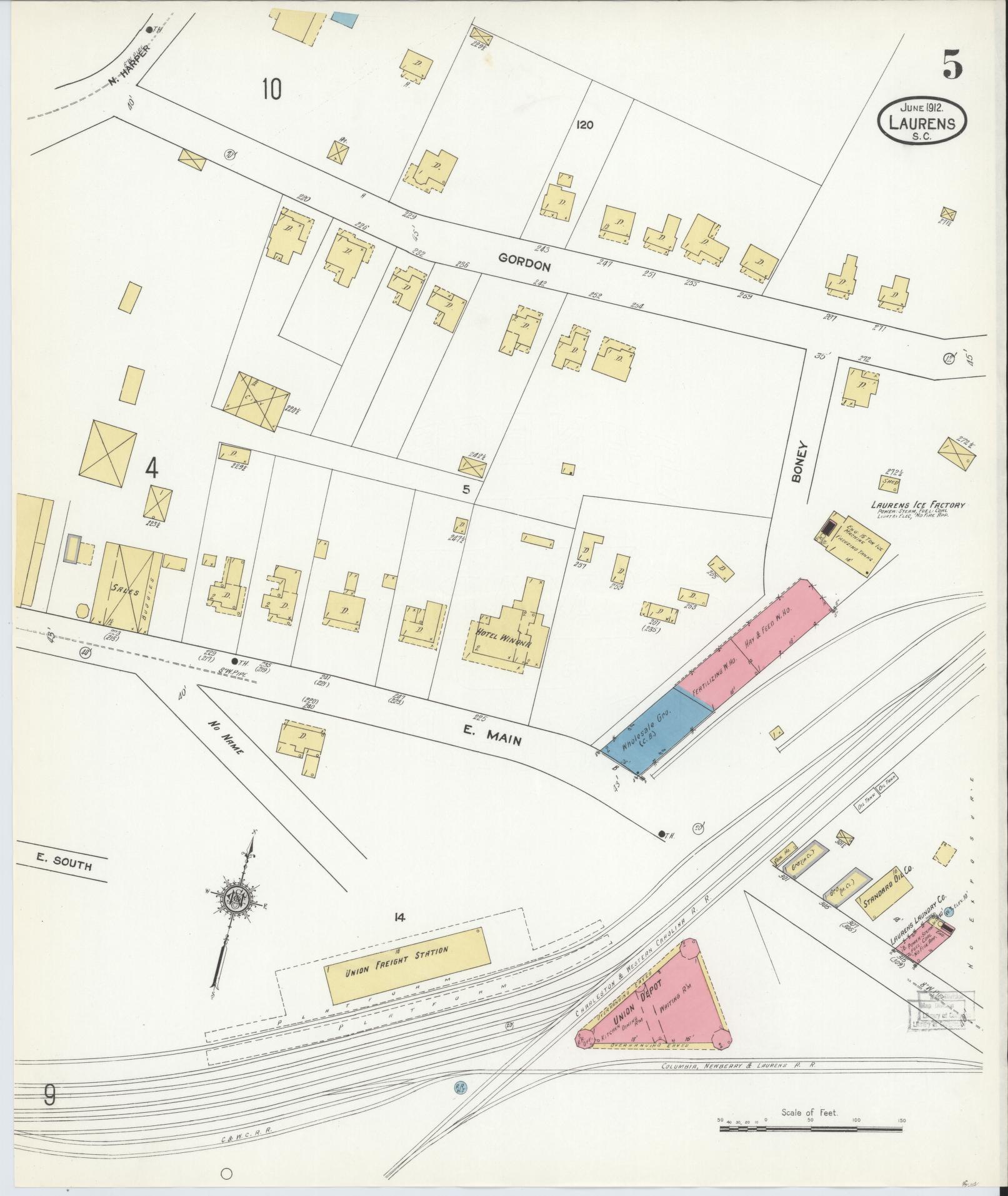 Sanborn Fire Insurance Map from Laurens, Laurens County, South Carolina (1912), Sheet #0005 - Complete Map Set gallery image, historic Sanborn map, vintage wall art, South Carolina South Carolina