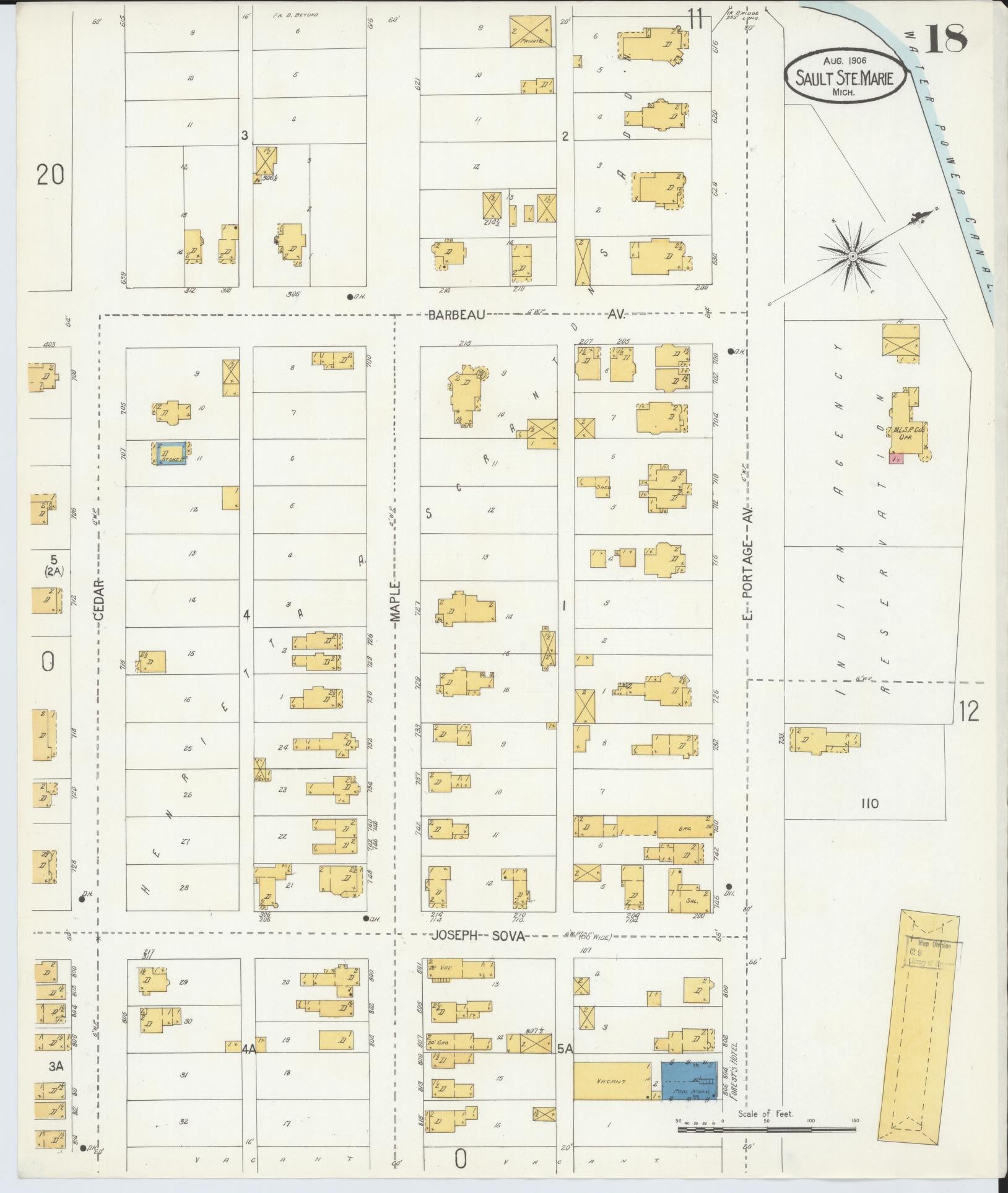Sanborn Fire Insurance Map from Sault Sainte Marie, Chippewa County, Michigan (1906), Sheet #0018 - Complete Map Set gallery image, historic Sanborn map, vintage wall art, Michigan Michigan