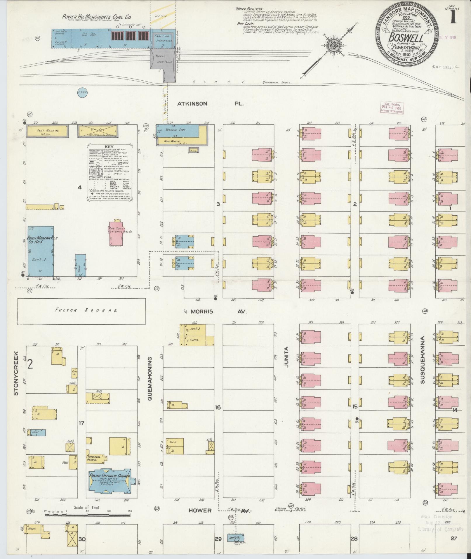 Sanborn Fire Insurance Map from Boswell, Somerset County, Pennsylvania (1910), Sheet #0001 - Historic Sanborn Fire Insurance Map Print, vintage old map wall art, antique decor, genealogy gift, Pennsylvania Pennsylvania map