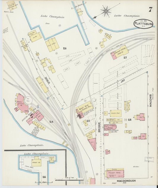 Sanborn Fire Insurance Map from Plattsburg, Clinton County, New York (1891), Sheet #0007 - Historic Sanborn Fire Insurance Map Print, vintage old map wall art, antique decor, genealogy gift, New York New York map
