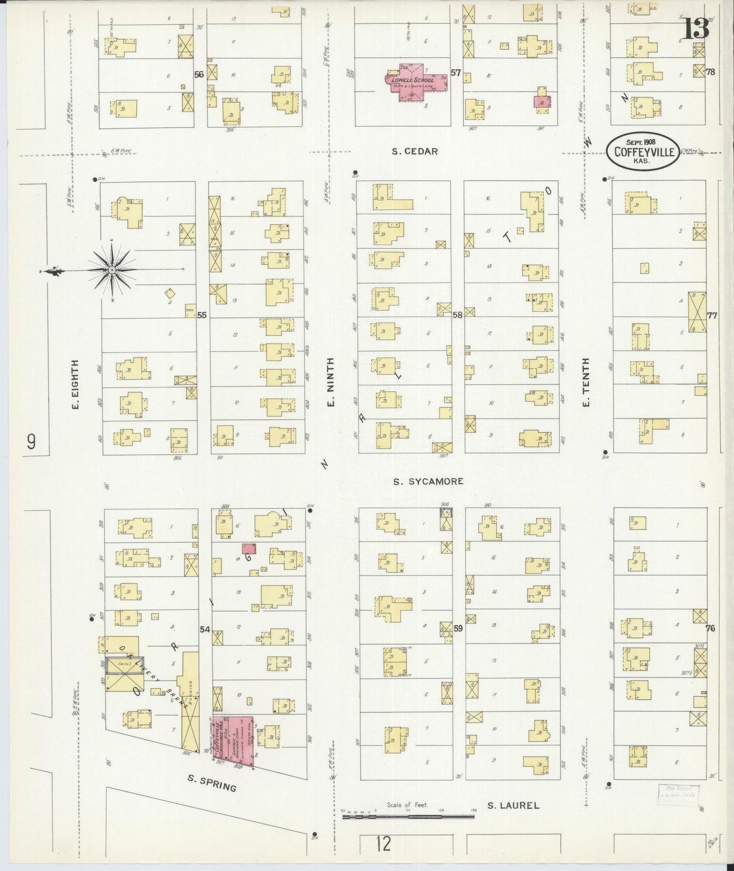 Sanborn Fire Insurance Map from Coffeyville, Montgomery County, Kansas (1908), Sheet #0013 - Historic Sanborn Fire Insurance Map Print, vintage old map wall art, antique decor, genealogy gift, Kansas Kansas map