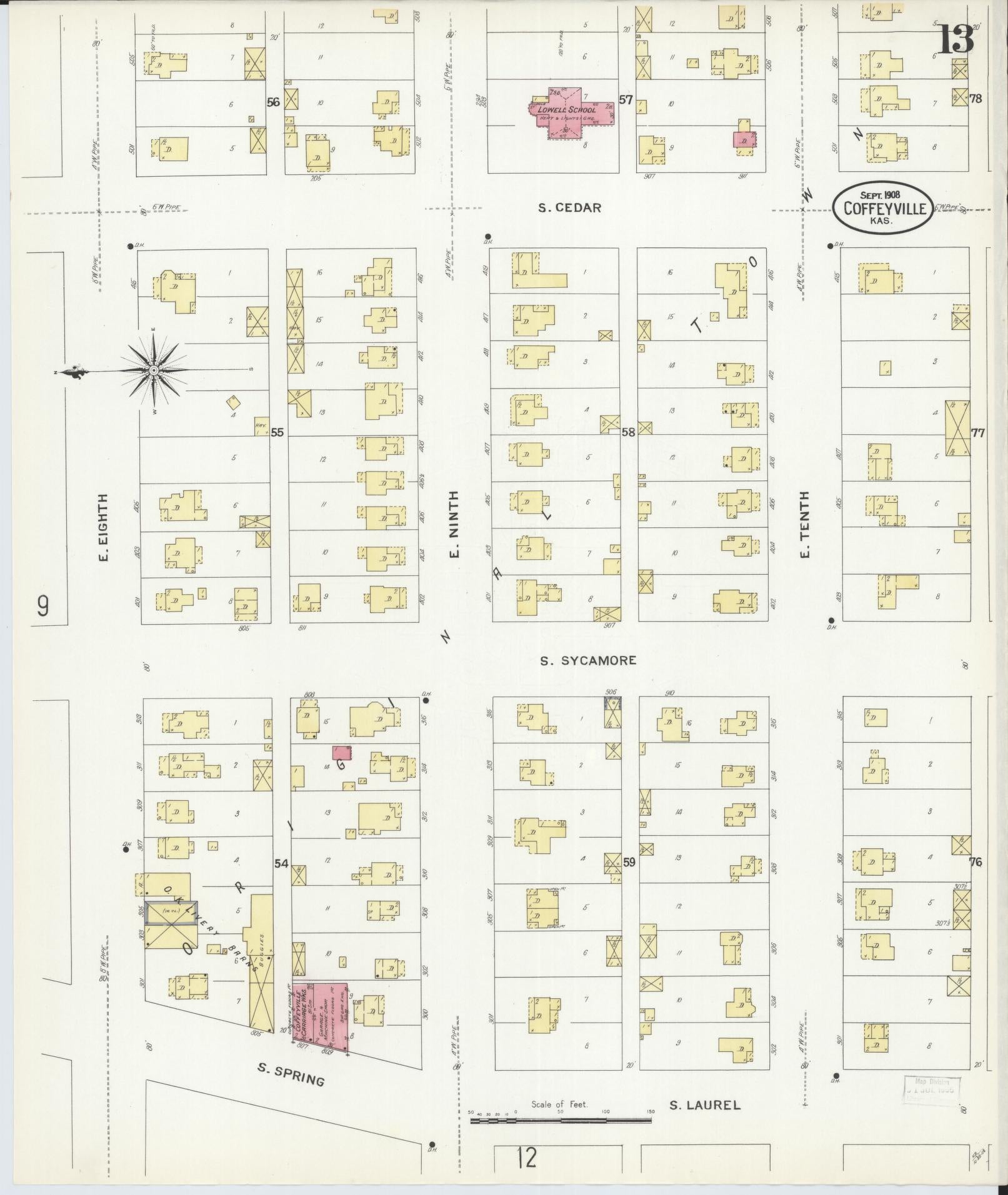 Sanborn Fire Insurance Map from Coffeyville, Montgomery County, Kansas (1908), Sheet #0013 - Historic Sanborn Fire Insurance Map Print, vintage old map wall art, antique decor, genealogy gift, Kansas Kansas map