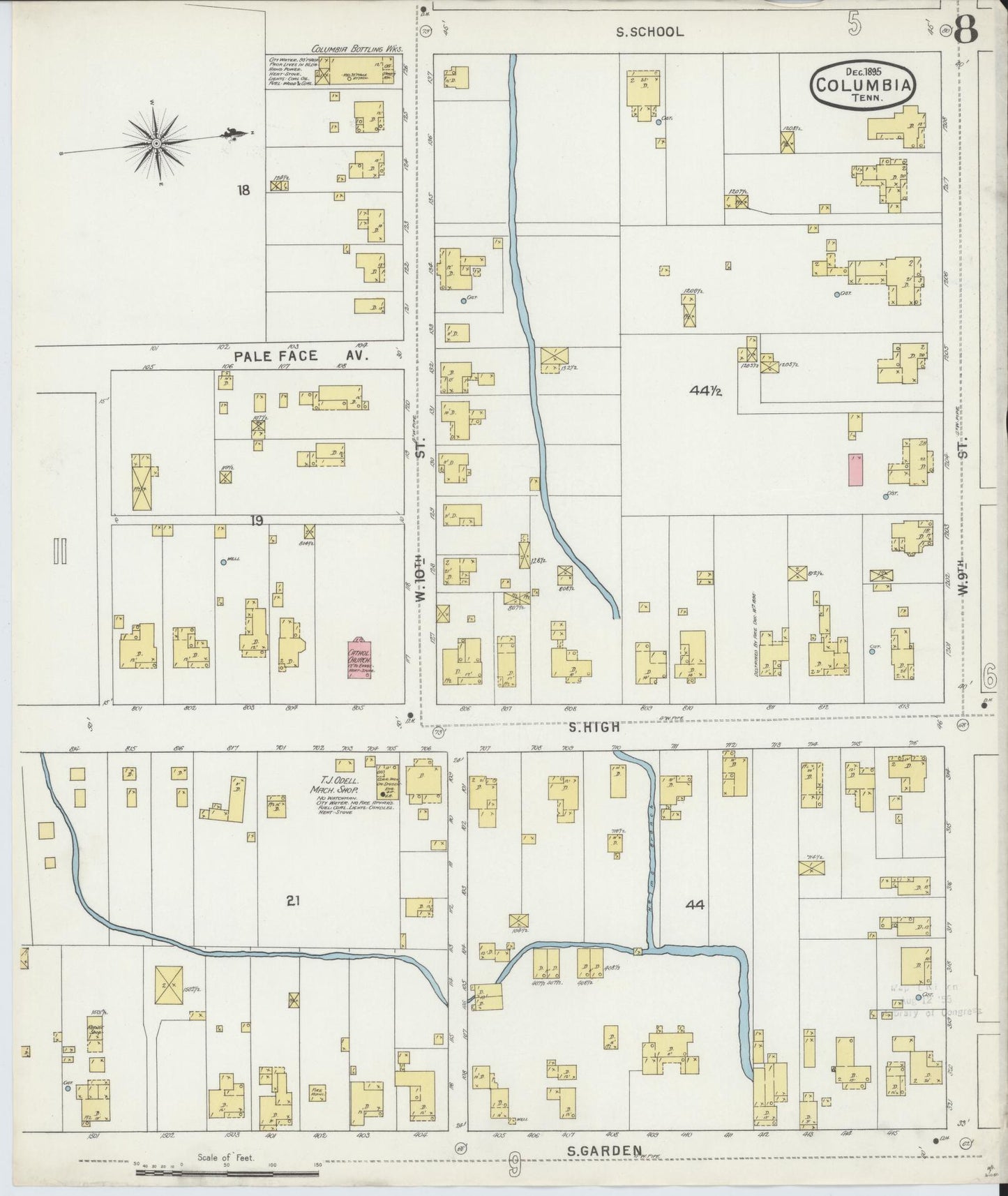 Sanborn Fire Insurance Map from Columbia, Maury County, Tennessee (1895), Sheet #0008 - Historic Sanborn Fire Insurance Map Print, vintage old map wall art, antique decor, genealogy gift, Tennessee Tennessee map