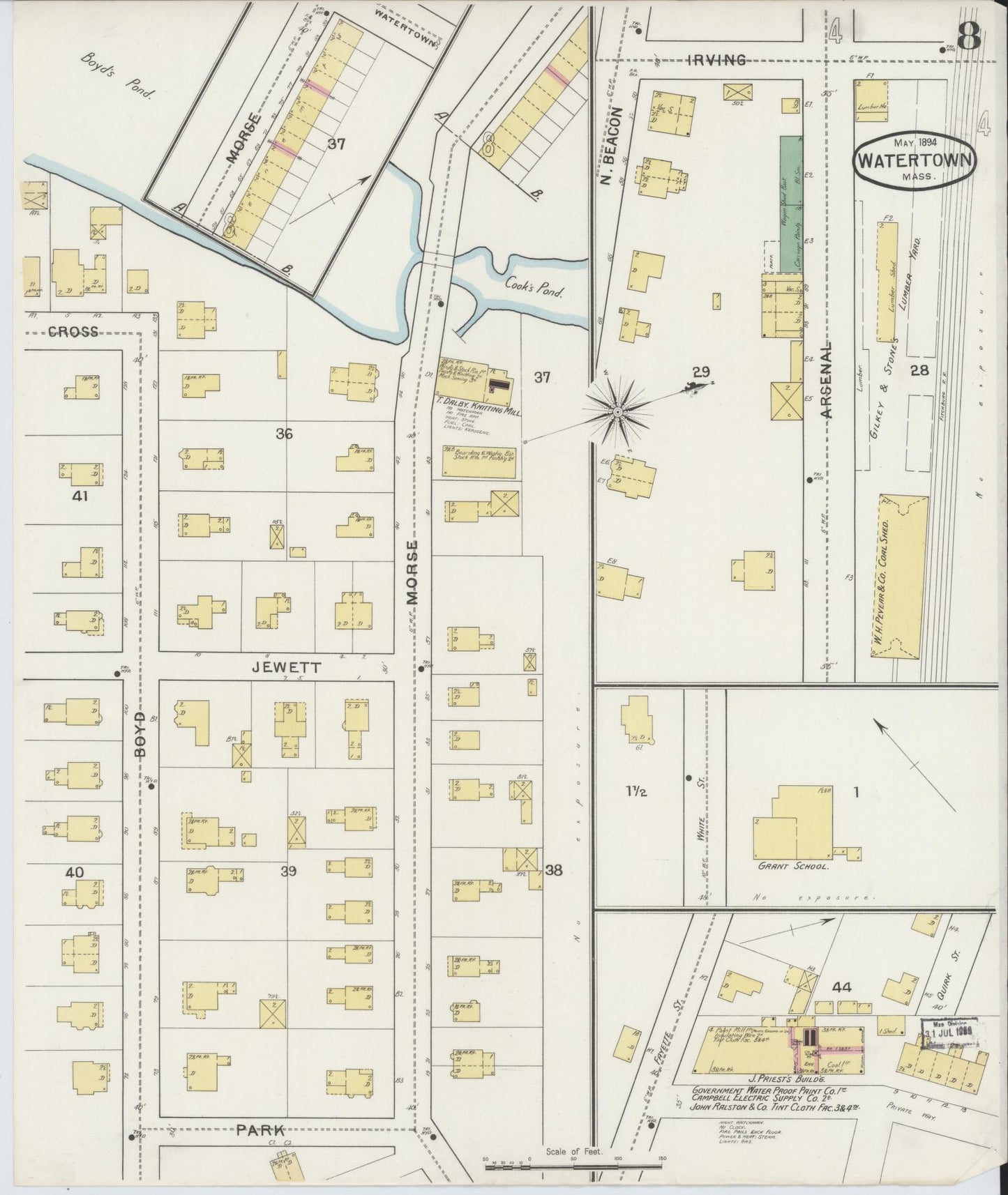 Sanborn Fire Insurance Map from Watertown, Middlesex County, Massachusetts (1894), Sheet #0008 - Historic Sanborn Fire Insurance Map Print, vintage old map wall art, antique decor, genealogy gift, Massachusetts Massachusetts map