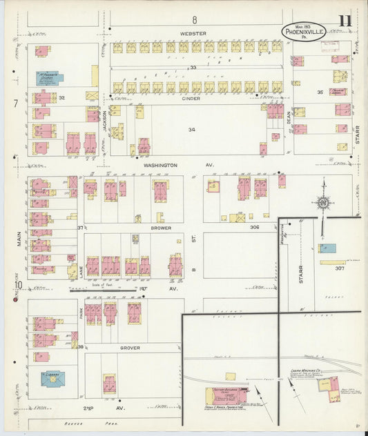 Sanborn Fire Insurance Map from Phoenixville, Chester County, Pennsylvania (1913), Sheet #0011 - Historic Sanborn Fire Insurance Map Print, vintage old map wall art, antique decor, genealogy gift, Pennsylvania Pennsylvania map