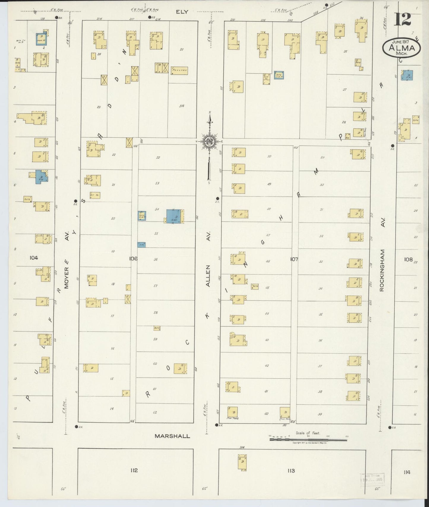 Sanborn Fire Insurance Map from Alma, Gratiot County, Michigan (1917), Sheet #0012 - Complete Map Set gallery image, historic Sanborn map, vintage wall art, Michigan Michigan