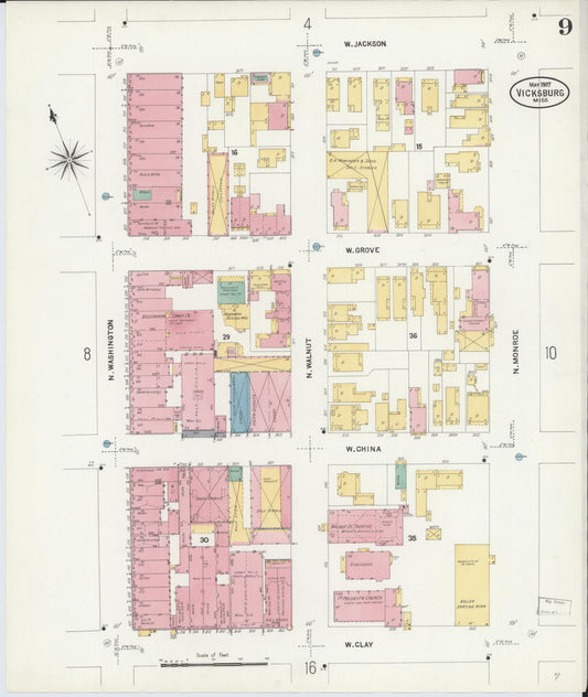 Sanborn Fire Insurance Map from Vicksburg, Warren County, Mississippi (1907), Sheet #0009 - Historic Sanborn Fire Insurance Map Print, vintage old map wall art, antique decor, genealogy gift, Mississippi Mississippi map