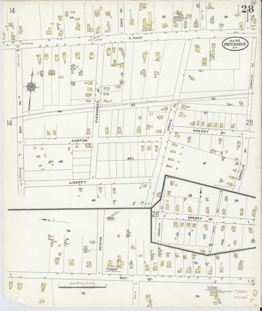 Sanborn Fire Insurance Map from Patchogue, Suffolk County, New York (1910), Sheet #0028 - Historic Sanborn Fire Insurance Map Print, vintage old map wall art, antique decor, genealogy gift, New York New York map