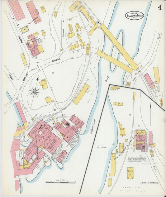Sanborn Fire Insurance Map from Bellows Falls, Windham County, Vermont (1901), Sheet #0004 - Historic Sanborn Fire Insurance Map Print, vintage old map wall art, antique decor, genealogy gift, Vermont Vermont map