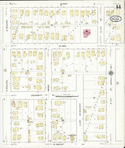 Sanborn Fire Insurance Map from Salina, Saline County, Kansas (1917), Sheet #0014 - Complete Map Set gallery image, historic Sanborn map, vintage wall art, Kansas Kansas