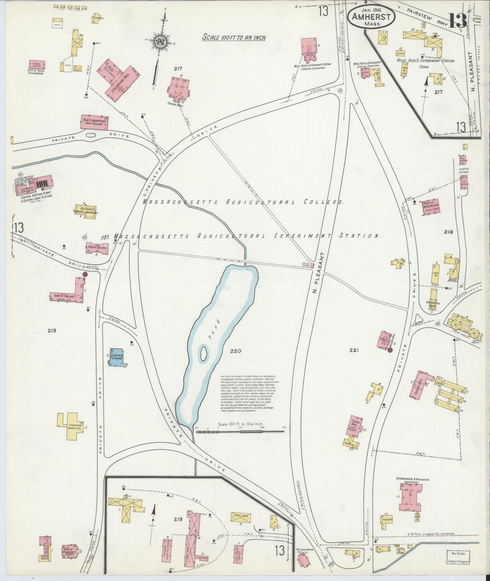 Sanborn Fire Insurance Map from Amherst, Hampshire County, Massachusetts (1916), Sheet #0013 - Complete Map Set gallery image, historic Sanborn map, vintage wall art, Massachusetts Massachusetts