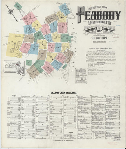 Sanborn Fire Insurance Map from Peabody, Essex County, Massachusetts (1914), Sheet #0001 - Historic Sanborn Fire Insurance Map Print, vintage old map wall art, antique decor, genealogy gift, Massachusetts Massachusetts map