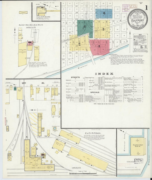 Sanborn Fire Insurance Map from Gulfport, Harrison County, Mississippi (1907), Sheet #0001 - Complete Map Set gallery image, historic Sanborn map, vintage wall art, Mississippi Mississippi