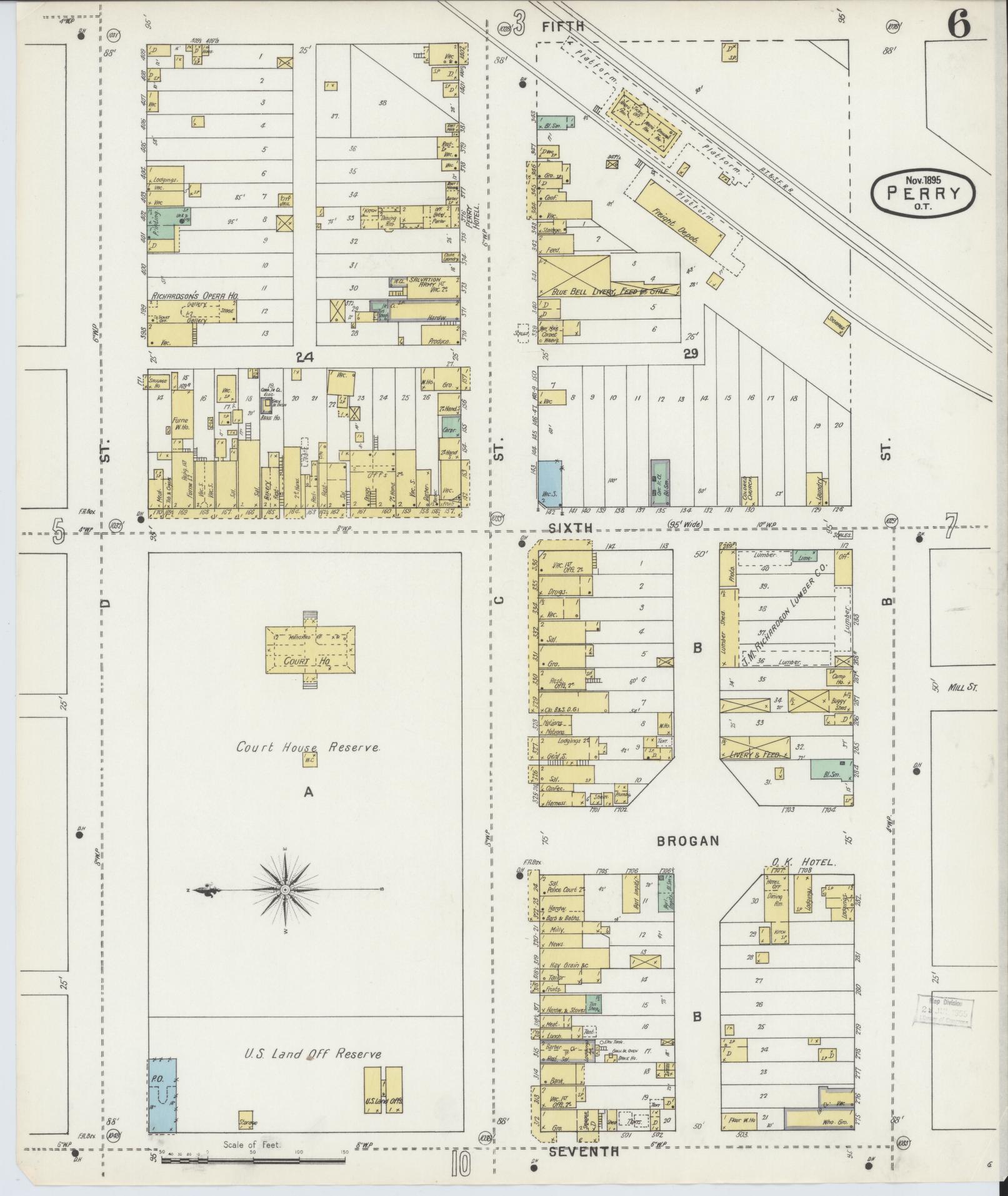 Sanborn Fire Insurance Map from Perry, Noble County, Oklahoma (1895), Sheet #0006 - Complete Map Set gallery image, historic Sanborn map, vintage wall art, Oklahoma Oklahoma