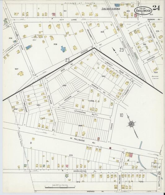 Sanborn Fire Insurance Map from Englewood, Bergen County, New Jersey (1915), Sheet #0024 - Historic Sanborn Fire Insurance Map Print, vintage old map wall art, antique decor, genealogy gift, New Jersey New Jersey map