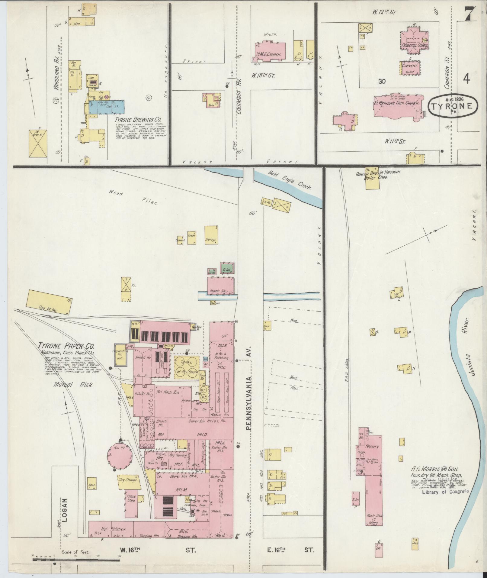 Sanborn Fire Insurance Map from Tyrone, Blair County, Pennsylvania (1896), Sheet #0007 - Historic Sanborn Fire Insurance Map Print, vintage old map wall art, antique decor, genealogy gift, Pennsylvania Pennsylvania map