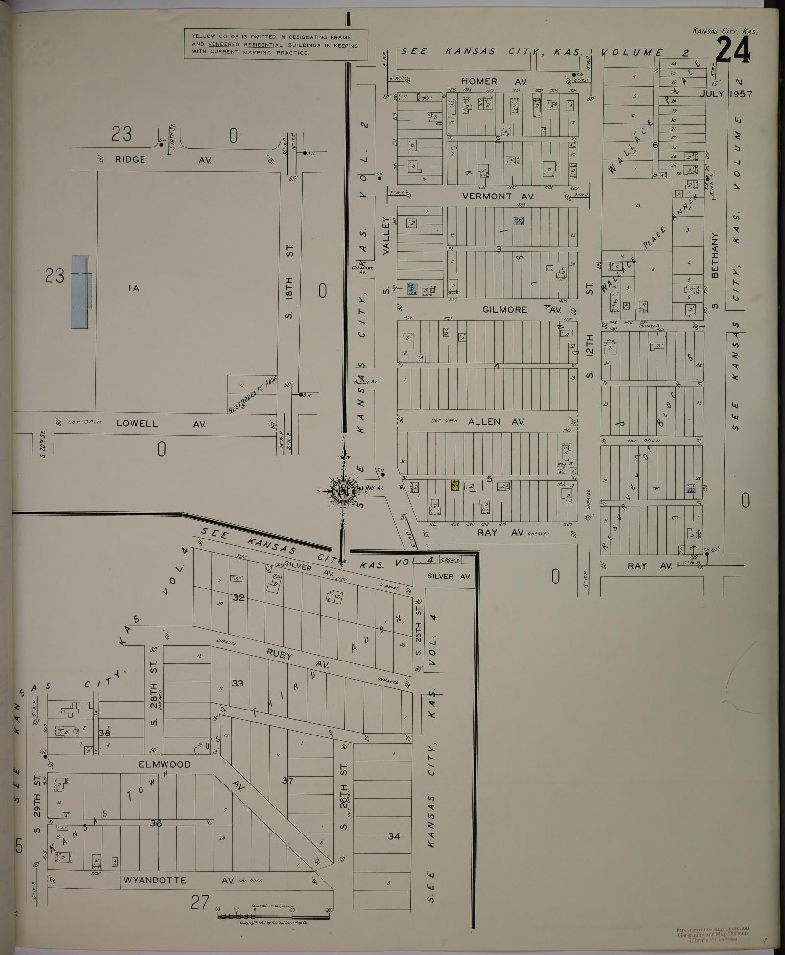Sanborn Fire Insurance Map from Kansas City, Wyandotte County, Kansas (1957), Sheet #0024 - Complete Map Set gallery image, historic Sanborn map, vintage wall art, Kansas Kansas
