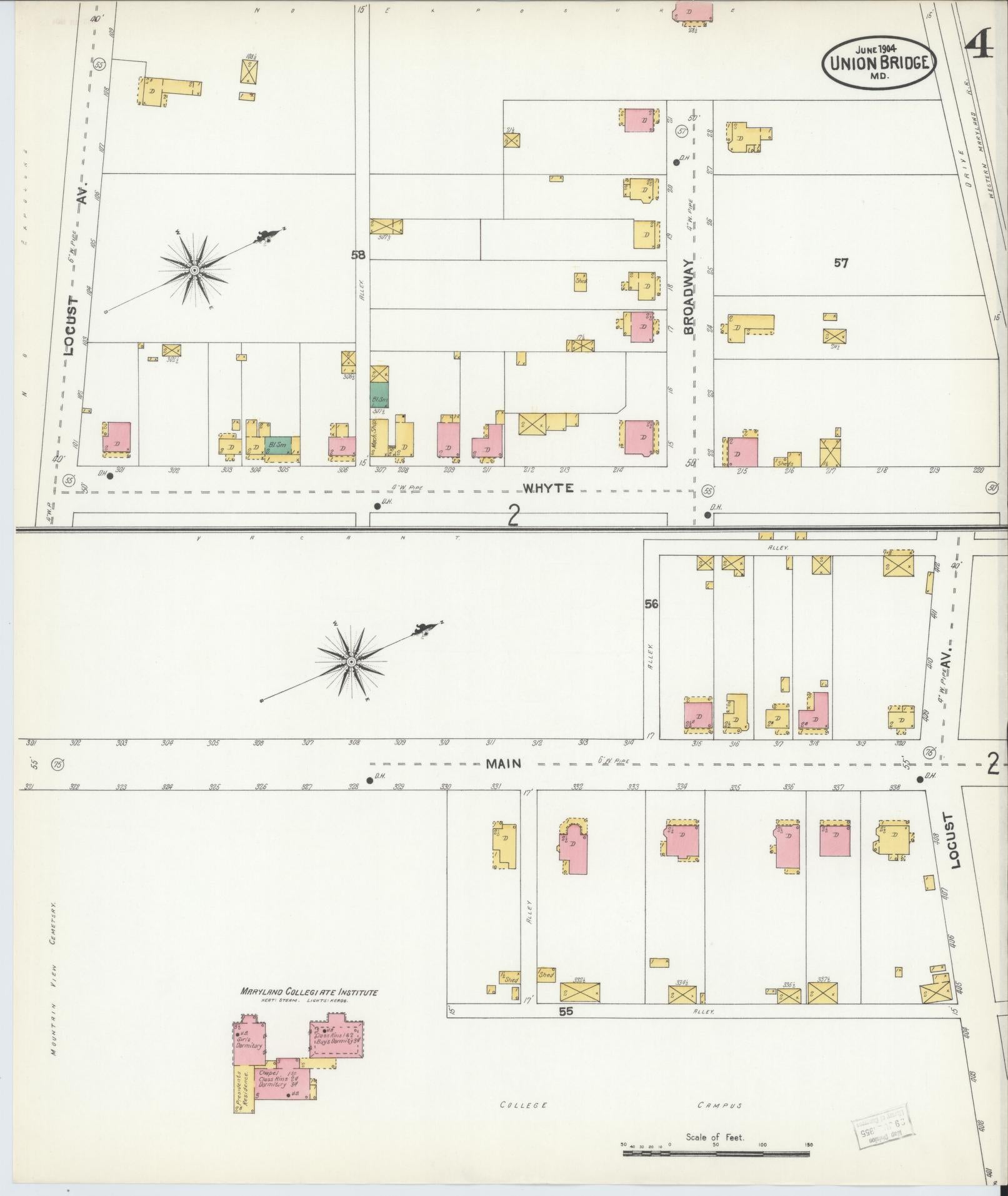 Sanborn Fire Insurance Map from Union Bridge, Carroll County, Maryland (1904), Sheet #0004 - Historic Sanborn Fire Insurance Map Print, vintage old map wall art, antique decor, genealogy gift, Maryland Maryland map
