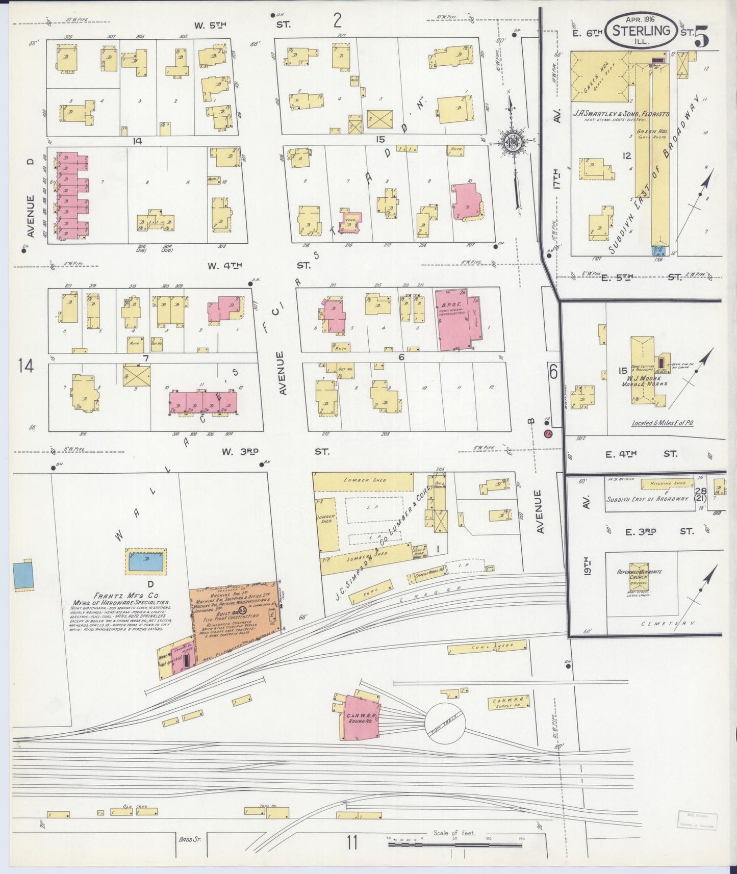 Sanborn Fire Insurance Map from Sterling, Whiteside County, Illinois (1916), Sheet #0005 - Historic Sanborn Fire Insurance Map Print, vintage old map wall art, antique decor, genealogy gift, Illinois Illinois map
