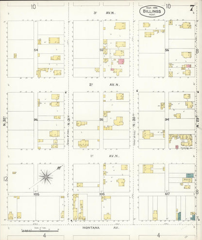Sanborn Fire Insurance Map from Billings, Yellowstone County, Montana (1896), Sheet #0007 - Complete Map Set gallery image, historic Sanborn map, vintage wall art, Montana Montana