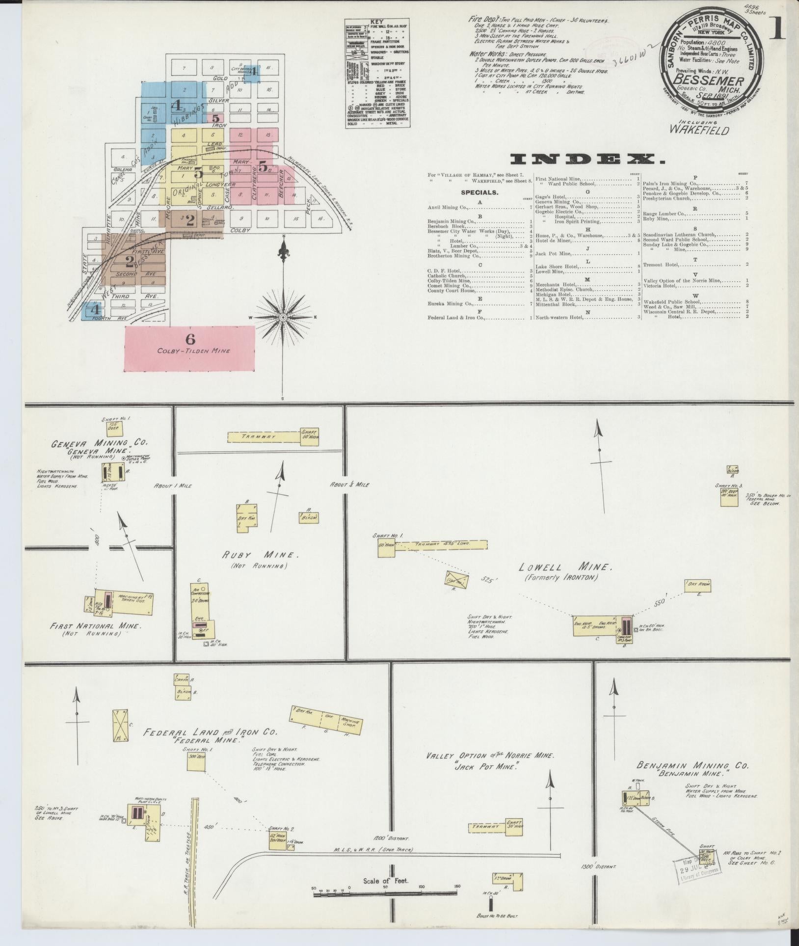 Sanborn Fire Insurance Map from Bessemer, Gogebic County, Michigan (1891), Sheet #0001 - Historic Sanborn Fire Insurance Map Print, vintage old map wall art, antique decor, genealogy gift, Michigan Michigan map