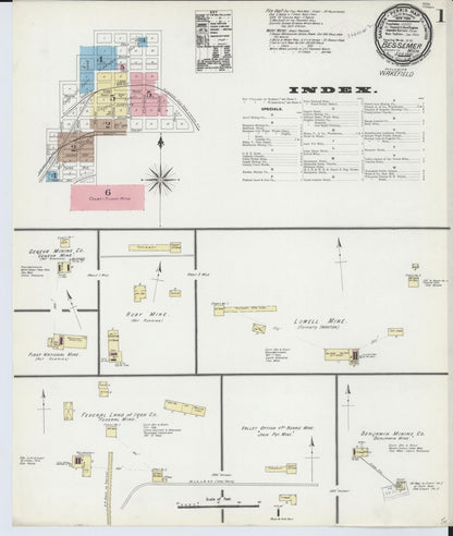 Sanborn Fire Insurance Map from Bessemer, Gogebic County, Michigan (1891), Sheet #0001 - Historic Sanborn Fire Insurance Map Print, vintage old map wall art, antique decor, genealogy gift, Michigan Michigan map