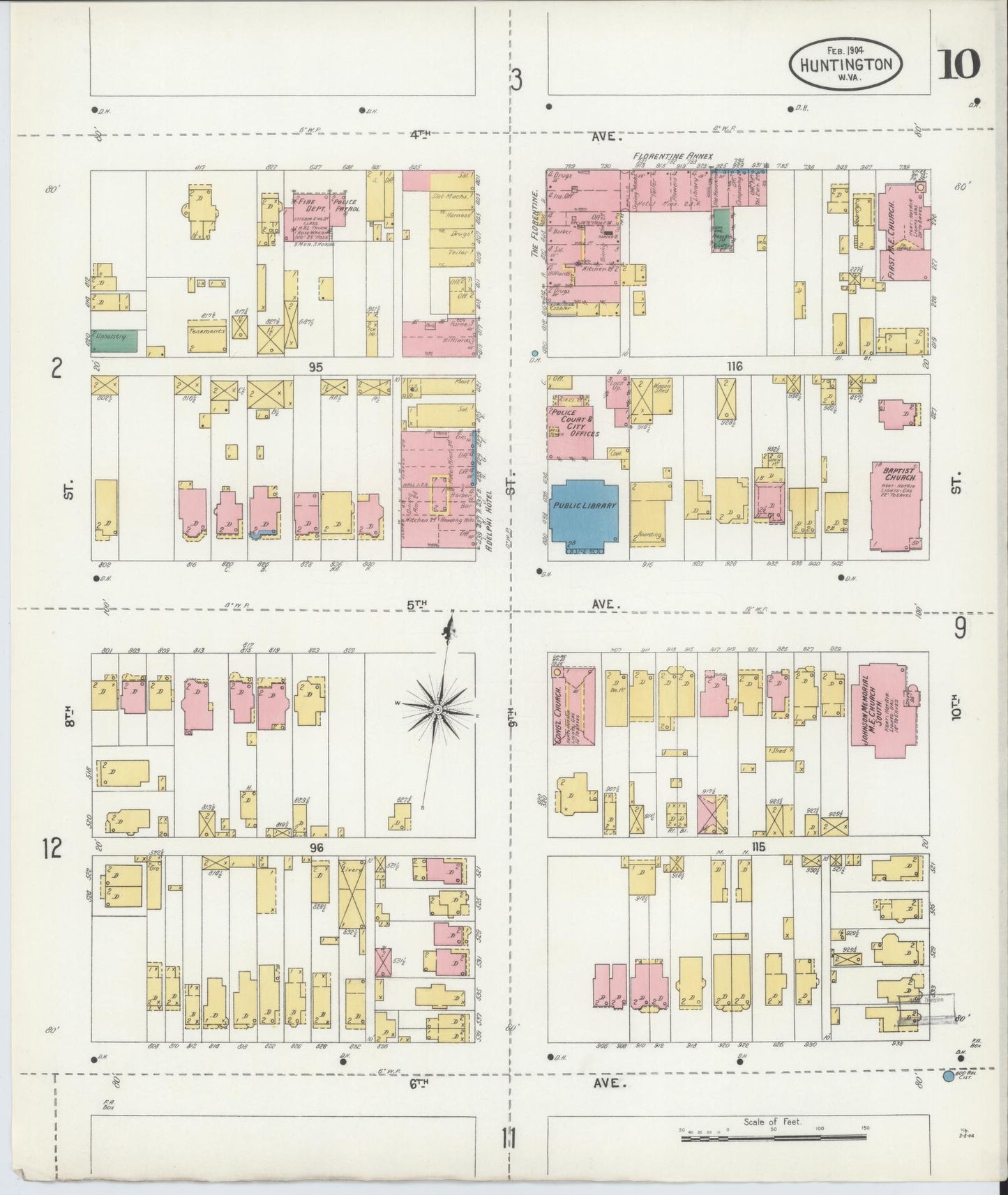 Sanborn Fire Insurance Map from Huntington, Cabell County, West Virginia (1904), Sheet #0010 - Historic Sanborn Fire Insurance Map Print, vintage old map wall art, antique decor, genealogy gift, West Virginia West Virginia map