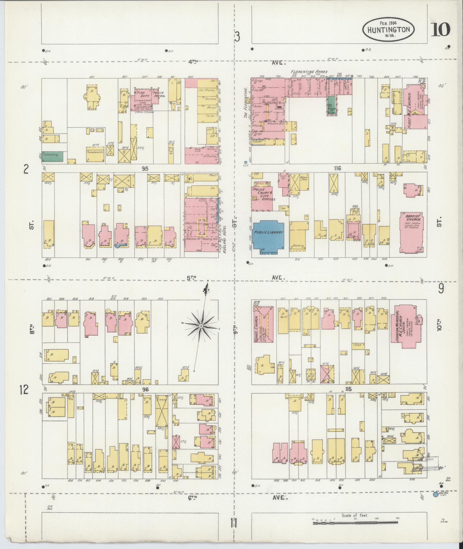 Sanborn Fire Insurance Map from Huntington, Cabell County, West Virginia (1904), Sheet #0010 - Historic Sanborn Fire Insurance Map Print, vintage old map wall art, antique decor, genealogy gift, West Virginia West Virginia map