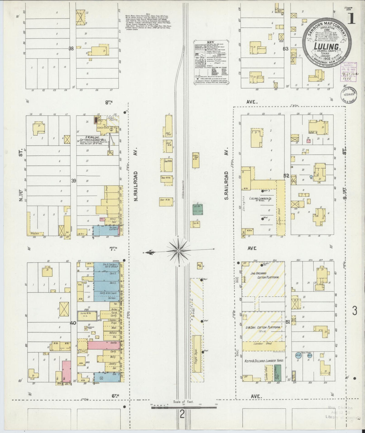 Sanborn Fire Insurance Map from Luling, Caldwell County, Texas (1902), Sheet #0001 - Historic Sanborn Fire Insurance Map Print, vintage old map wall art, antique decor, genealogy gift, Texas Texas map