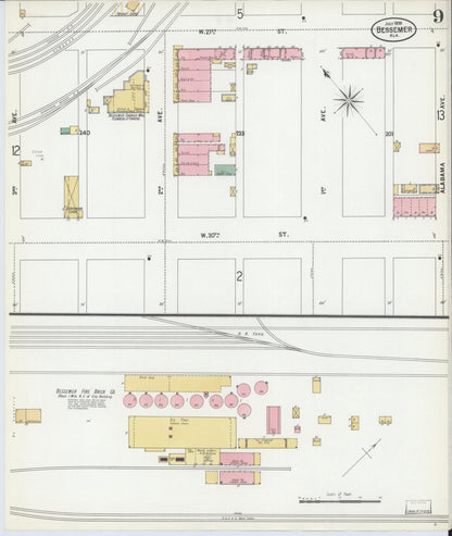 Sanborn Fire Insurance Map from Bessemer, Jefferson County, Alabama (1899), Sheet #0009 - Complete Map Set gallery image, historic Sanborn map, vintage wall art, Alabama Alabama