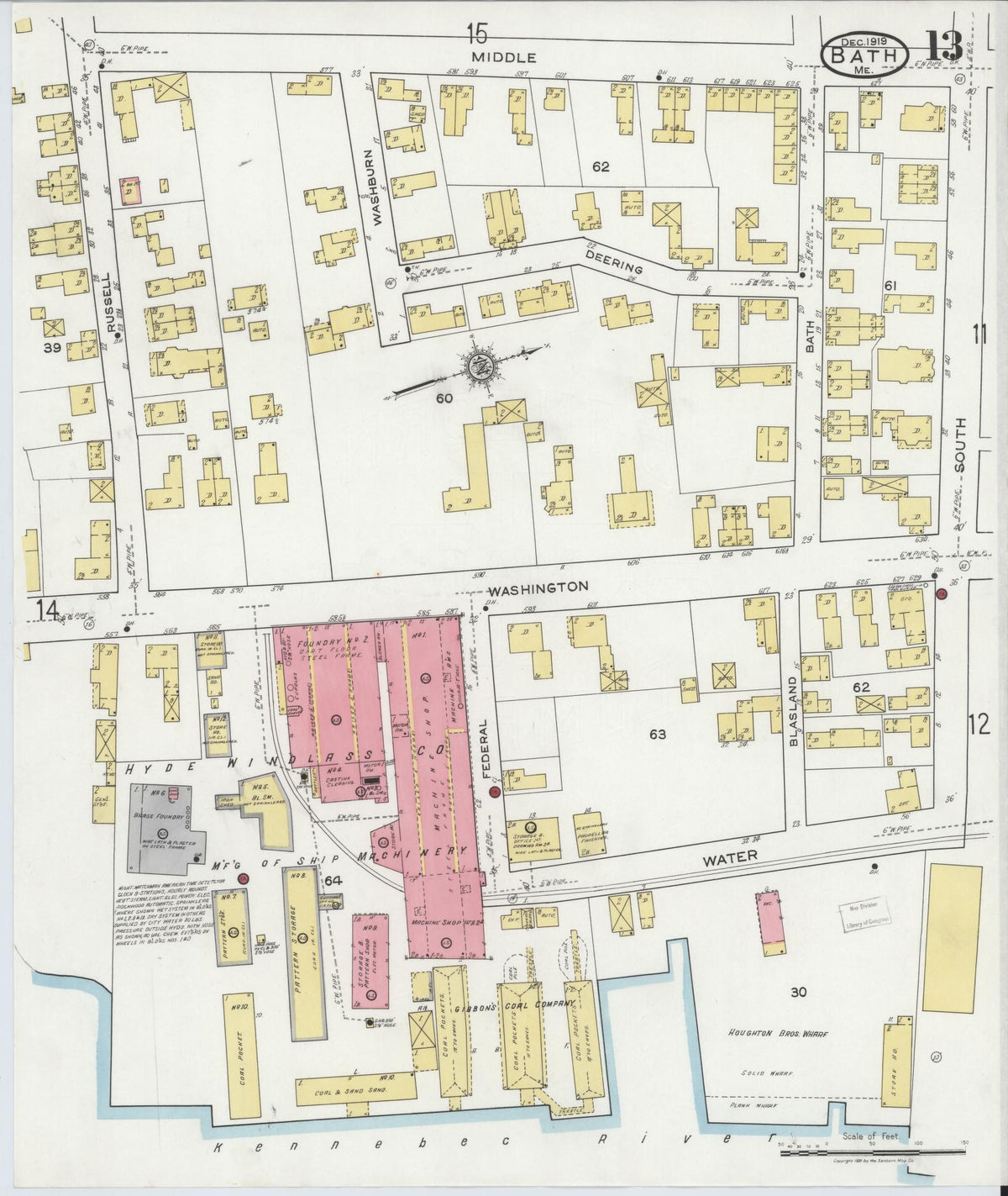 Sanborn Fire Insurance Map from Bath, Sagadahoc County, Maine (1919), Sheet #0013 - Complete Map Set gallery image, historic Sanborn map, vintage wall art, Maine Maine