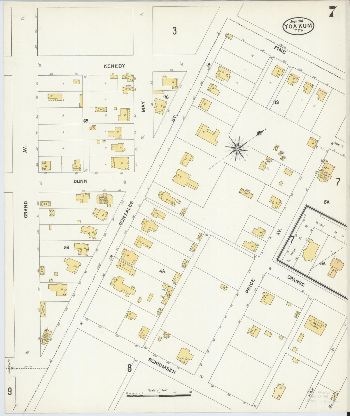 Sanborn Fire Insurance Map from Yoakum, De Witt And Lavaca Counties, Texas (1904), Sheet #0007 - Historic Sanborn Fire Insurance Map Print, vintage old map wall art, antique decor, genealogy gift, Texas Texas map