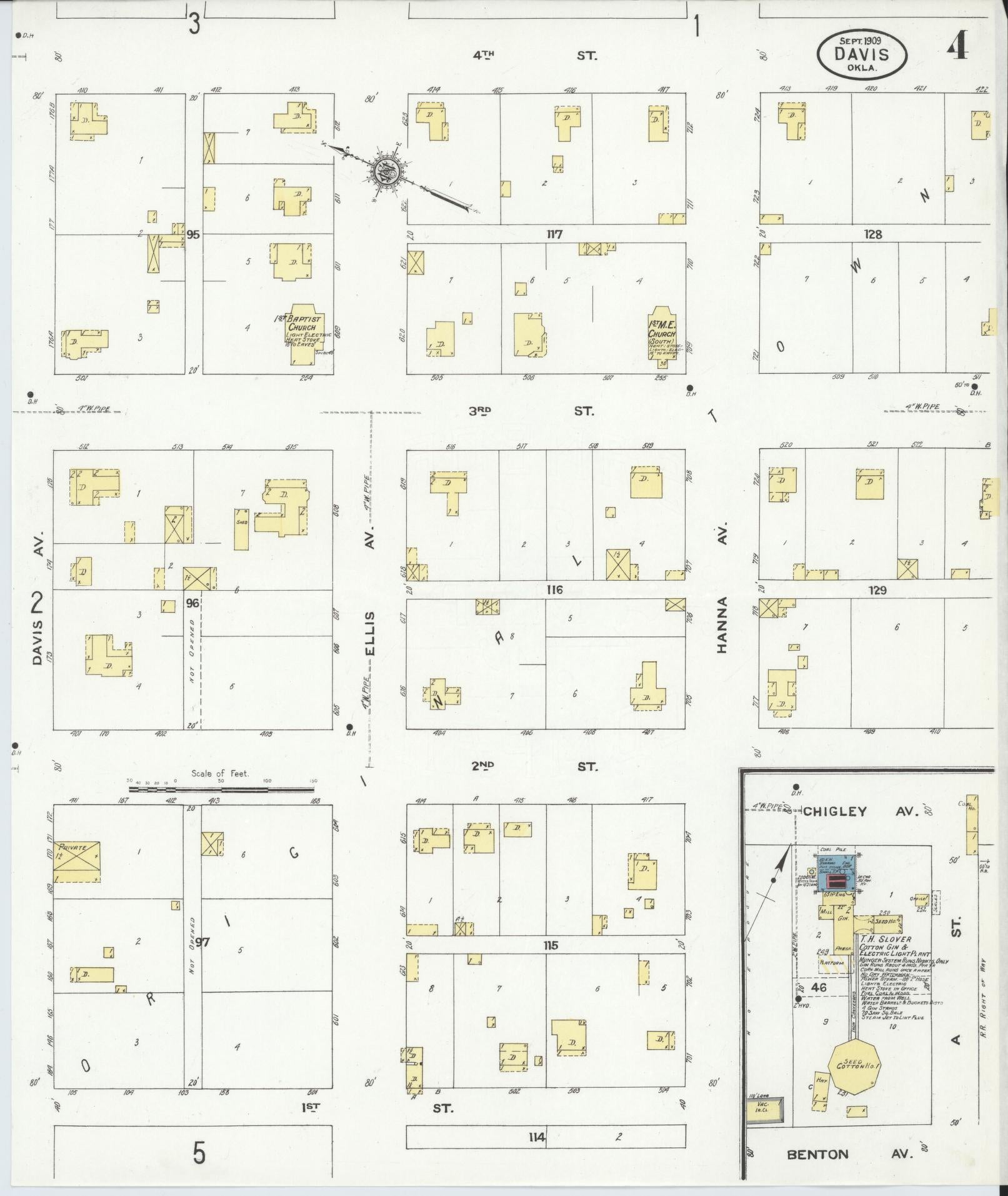 Sanborn Fire Insurance Map from Davis, Murray County, Oklahoma (1909), Sheet #0004 - Historic Sanborn Fire Insurance Map Print, vintage old map wall art, antique decor, genealogy gift, Oklahoma Oklahoma map