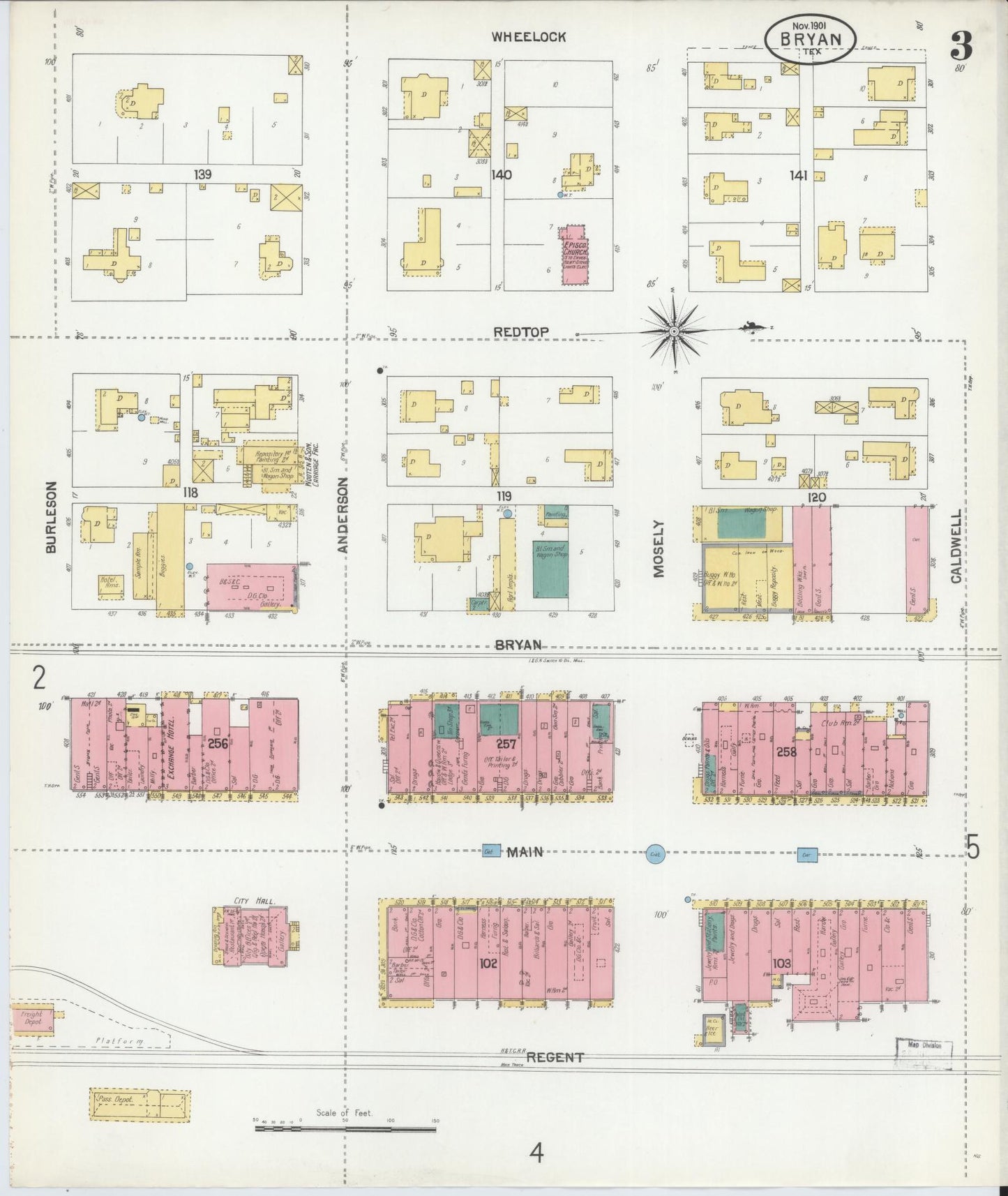 Sanborn Fire Insurance Map from Bryan, Brazos County, Texas (1901), Sheet #0003 - Historic Sanborn Fire Insurance Map Print, vintage old map wall art, antique decor, genealogy gift, Texas Texas map