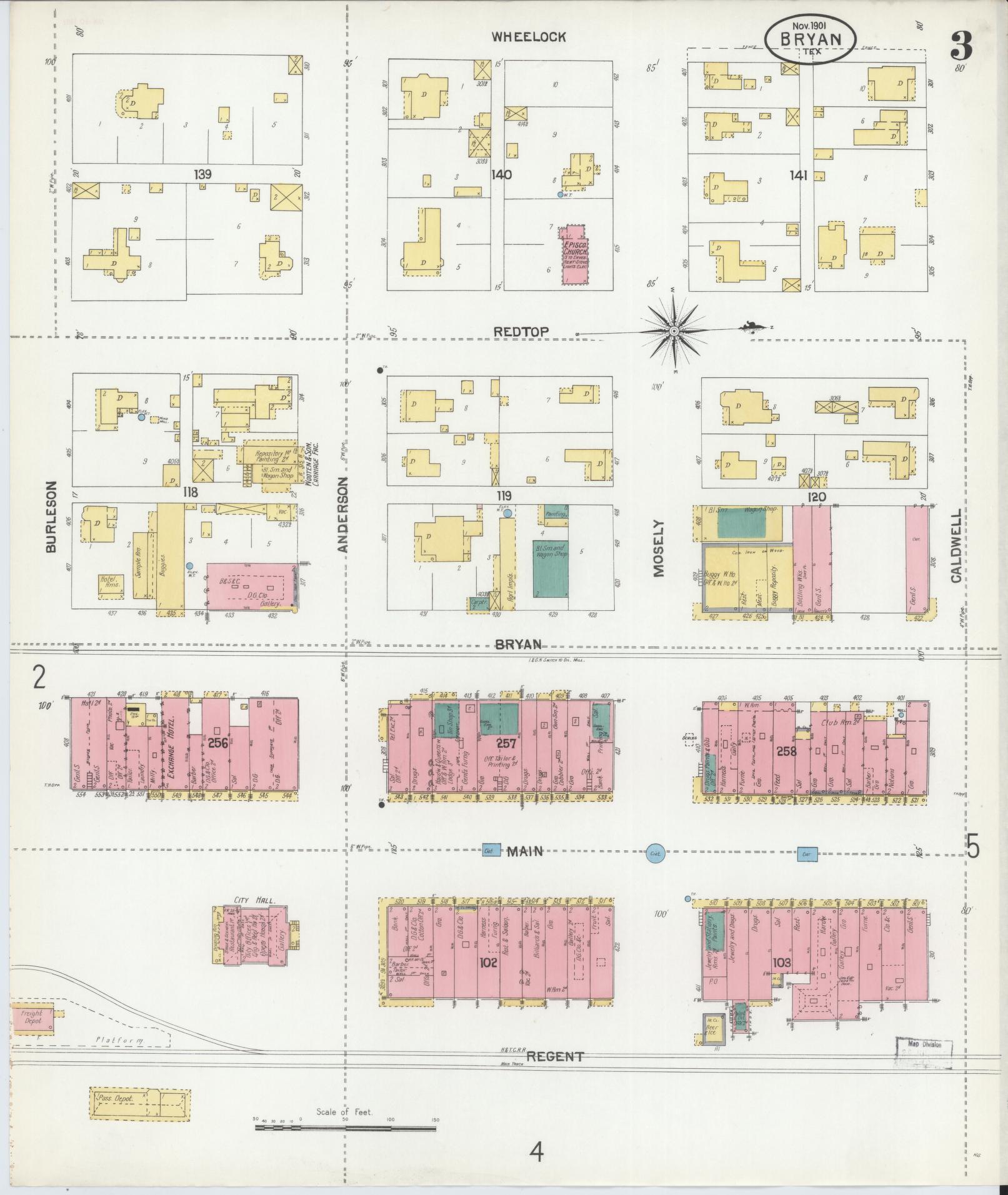 Sanborn Fire Insurance Map from Bryan, Brazos County, Texas (1901), Sheet #0003 - Historic Sanborn Fire Insurance Map Print, vintage old map wall art, antique decor, genealogy gift, Texas Texas map