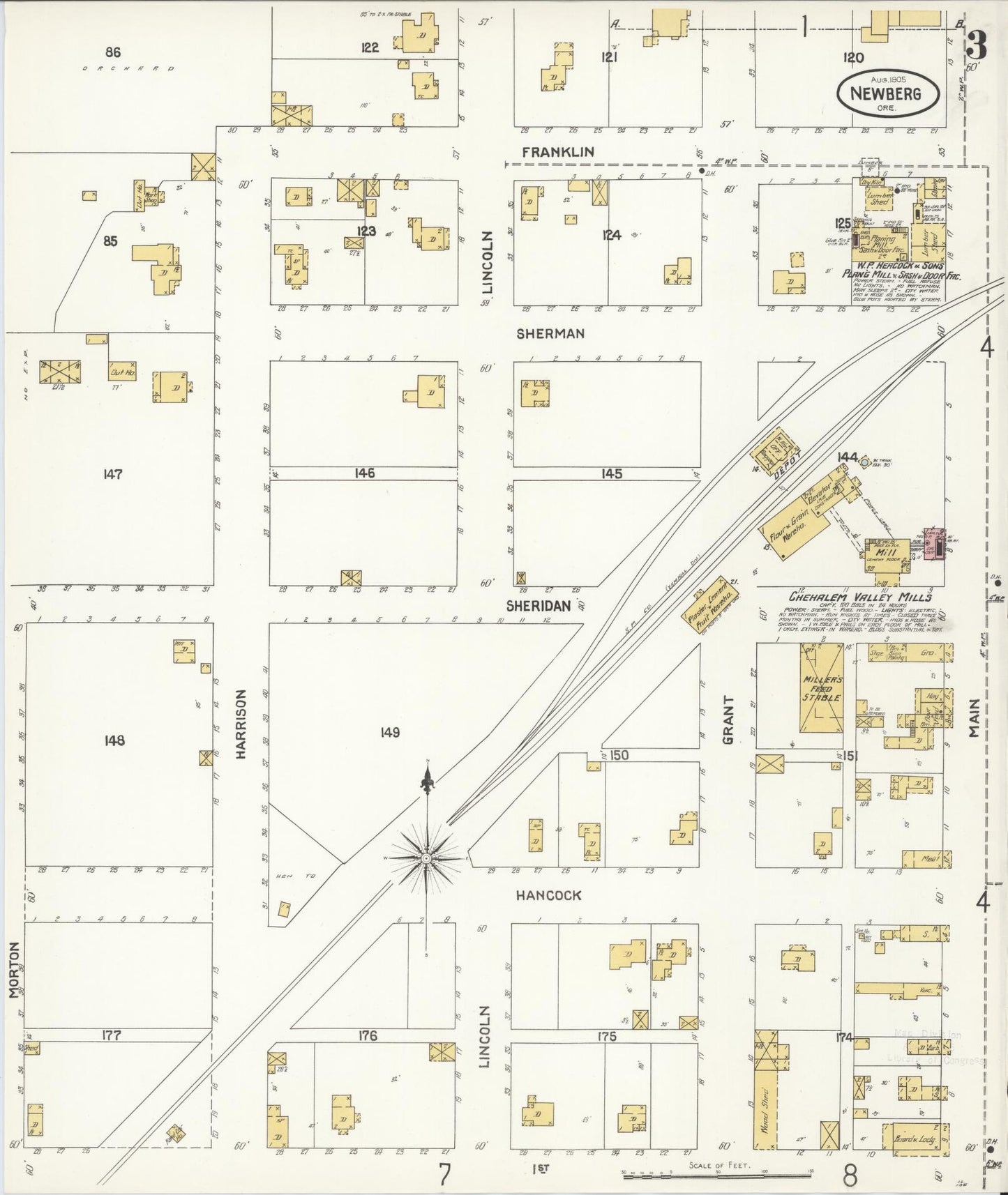 Sanborn Fire Insurance Map from Newberg, Yamhill County, Oregon (1905), Sheet #0003 - Complete Map Set gallery image, historic Sanborn map, vintage wall art, Oregon Oregon