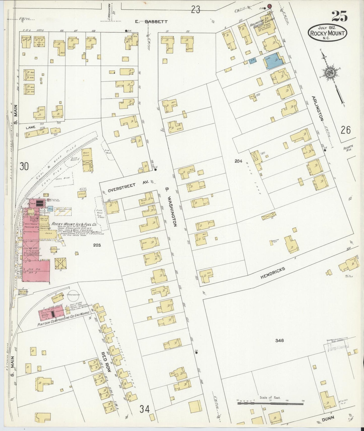 Sanborn Fire Insurance Map from Rocky Mount, Edgecombe And Nash Counties, North Carolina (1912), Sheet #0025 - Historic Sanborn Fire Insurance Map Print, vintage old map wall art, antique decor, genealogy gift, North Carolina North Carolina map